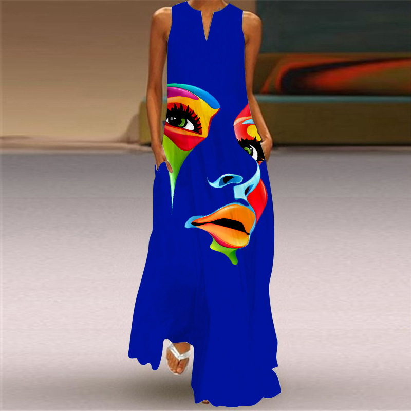 Robe longue sexy sans manches imprimée multicolore à col en V, style rétro européen et américain, collection été 2026_voghion.com