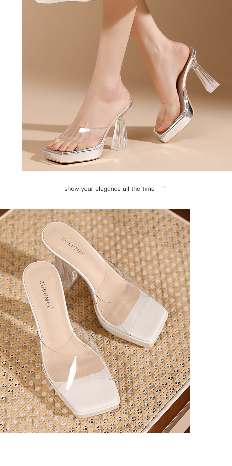 Sandal cao gót nữ mũi vuông quai một dây, gót nhọn 11 cm, đế platform trong suốt — Bạc-11cm chi tiết 8