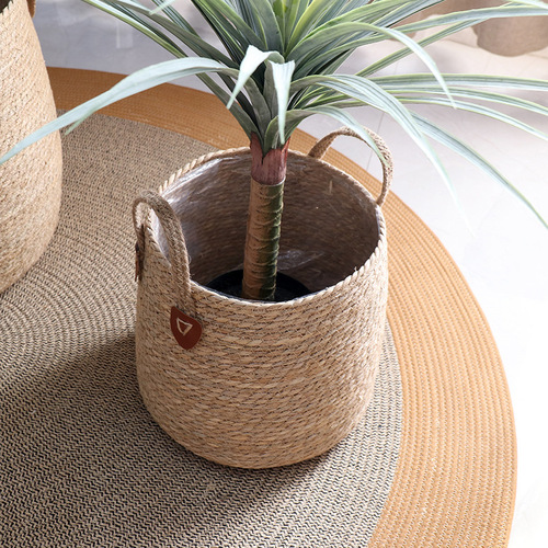 Simple rattan flower pot, woven straw flower basket, round floor-standing potted green plant, large set of pots for living room, breathable