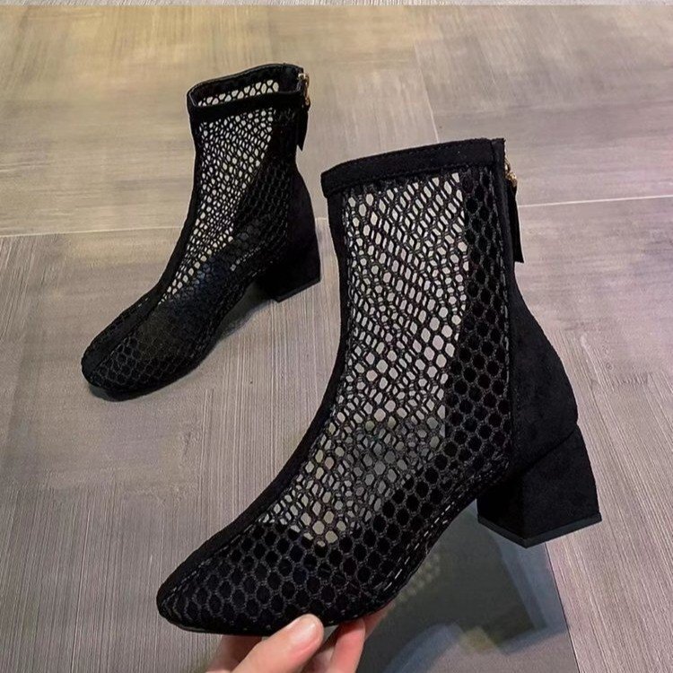 Foreign Trade Large Size European and American Style Mesh Boots New Sexy Mesh Hollow Short Boots Solid Color Square Heel Chunky Heel Short Boots for Women Aliexpress