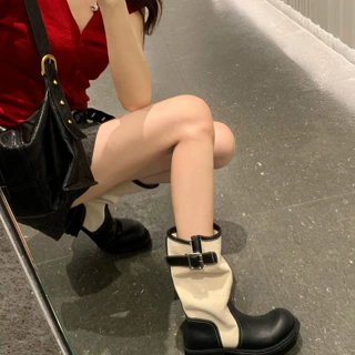 葡萄妈studiolee 同款增高4cm 时髦拼色皮带扣圆头西部中筒骑士靴
