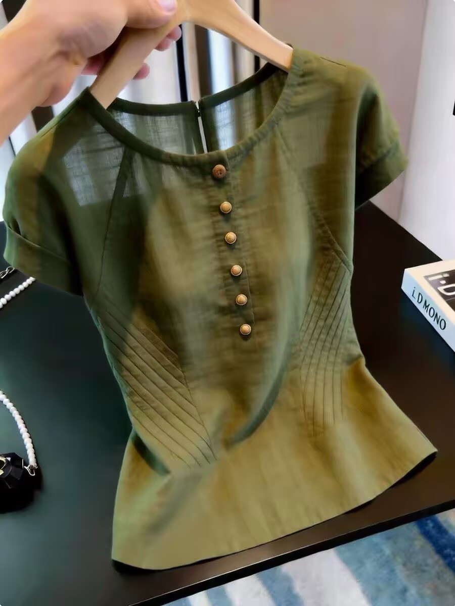 Áo thun nữ tay ngắn cổ tròn màu xanh lá cây phong cách Pháp cổ điển — xanh lá cây