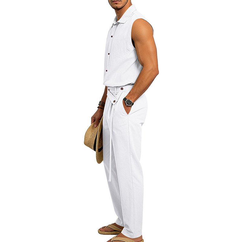 Men's Linen Blend Short Sleeve Shirt And Pants Set Breathable Casual Summer Outfit Comfortable Relaxed Fit_viptrois.com