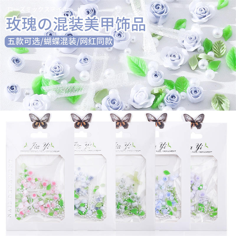 Nuevos productos accesorios para uñas de rosas, difuminado degradado, mezcla de flores de rosa de camelia, adornos de uñas tridimensionales