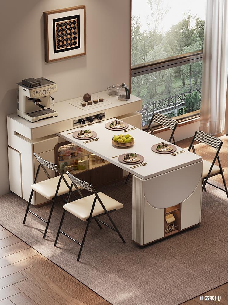 Rotating Island Countertop for Small Spaces, Multifunctional Solid Wood Extendable Dining Table, Sideboard, and Bar Counter All-In-One for Home Use