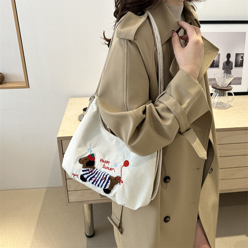 Large Capacity Embroidered Sausage Dog Foldable Backpack 2024 New Trend Striped Canvas Single Shoulder Crossbody Tote Bag