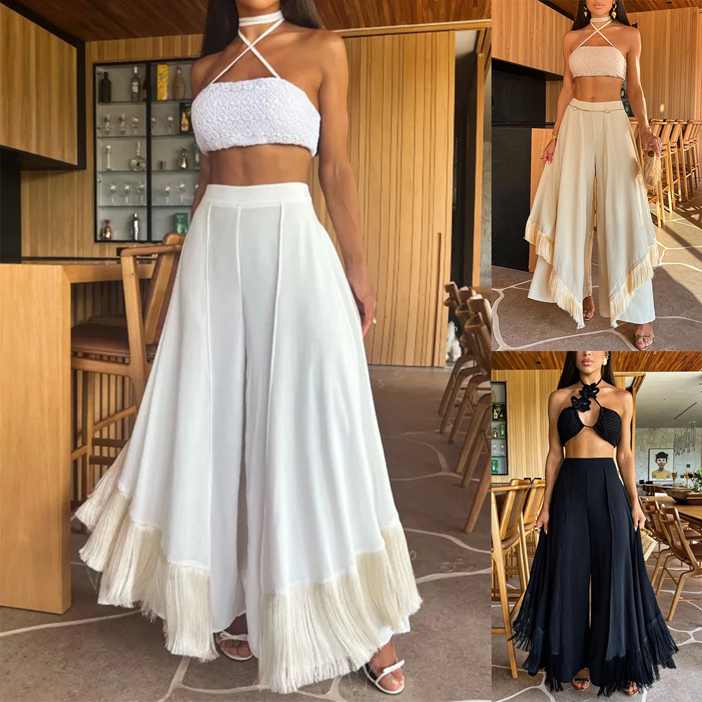 Independent Station Amazon European and American Women's Casual Flared Pants Tassel Decorative Elegant Commuter Single Pants Women's 8127