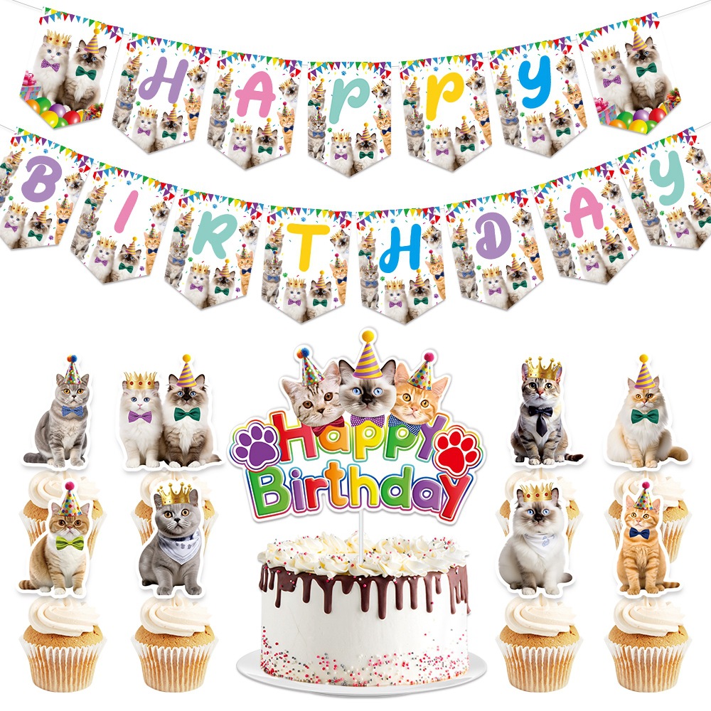 Nueva decoración de fiesta de cumpleaños para gatos con bandera de tracción para mascotas con tema de decoración de cumpleaños para tarjetas de pastel