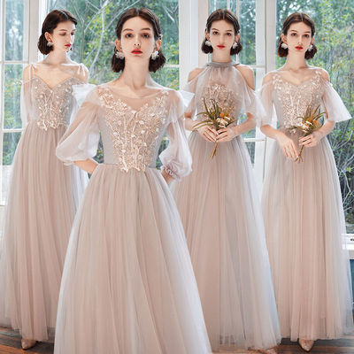 伴娘禮服中式2021姐妹團仙女氣質優雅晚禮服中長款粉色結婚禮服裙