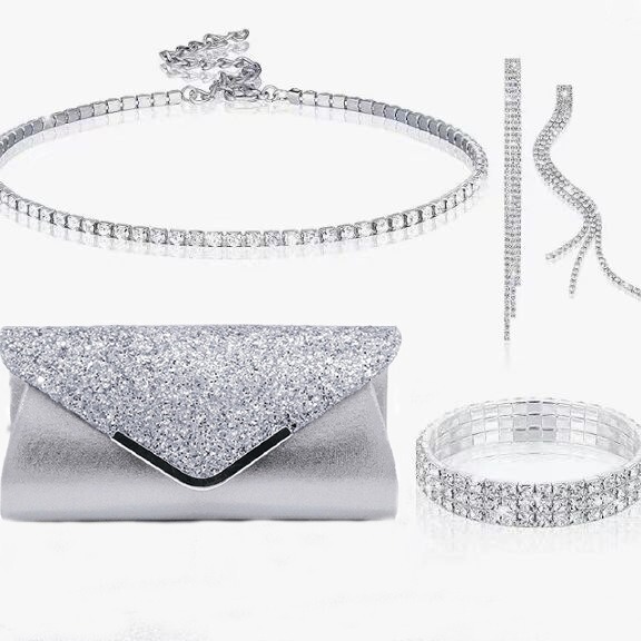 European and American Fashion All-match suit Evening Pack Diamond Full Diamond Elastic Bracelet Earth Diamond Necklace Earrings Four-piece Jewelry