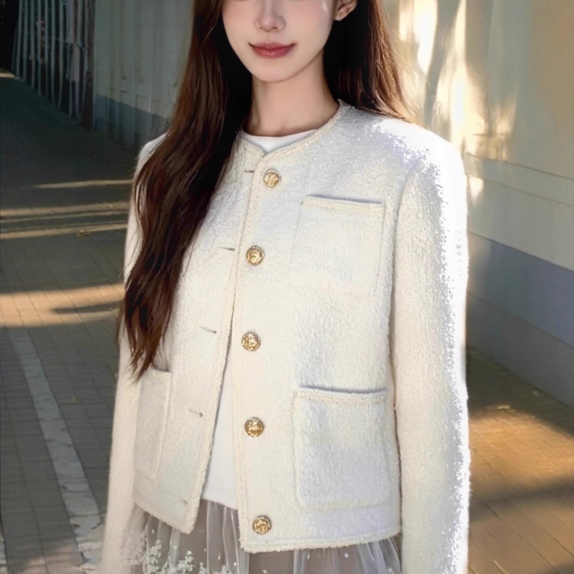 White Chanel-Style Jacket for Women, Autumn and Winter, Elegant Tweed Oversized Top