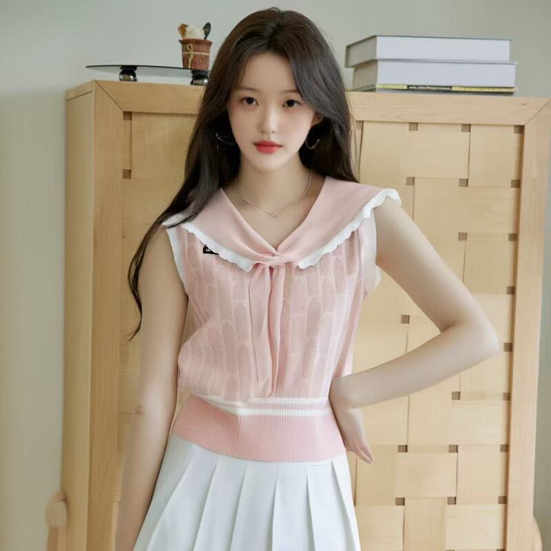 Korean Style Navy Collar Contrasting Color Hollow Knitted Vest for Women Summer New Design Korean Style Casual Versatile Tops for Women