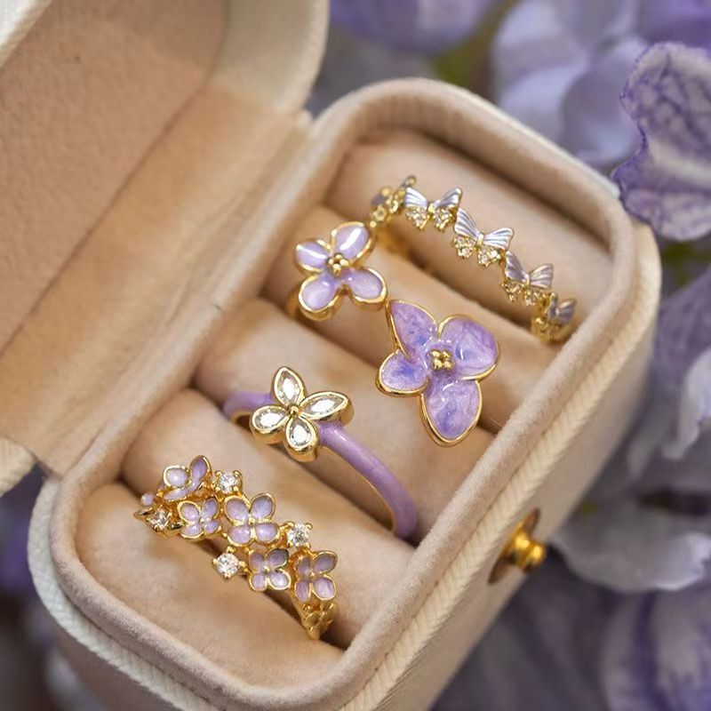 French-Style Light Luxury High-End Open Ring with Purple Ethereal Floral Design, Oil-Drip Zircon Butterfly Ring Wholesale Cross-Border French-Style Light Luxury High-End Open Ring with Purple Ethereal Floral Design, Oil-Drip Zircon Butterfly Ring Wholesale Cross-Border
