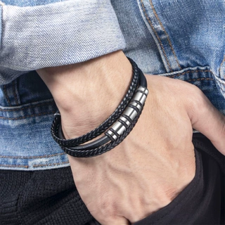 时尚简约皮绳手链韩版男士个性不锈钢手环多层编织合金磁扣手饰