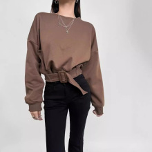 2024秋新品法式设计感盐系蝙蝠袖腰带短款上衣女小众圆领卫衣