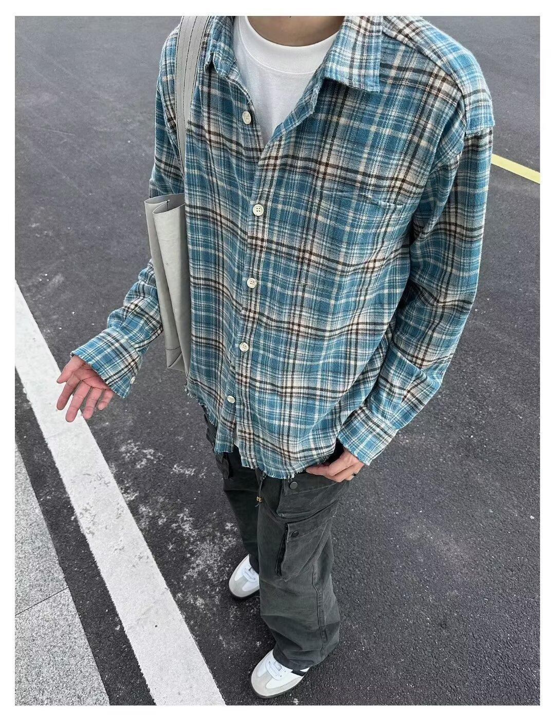 American High Street Plaid Washed Frayed Long Sleeve Unisex 2025 Spring Autumn Loose Trendy Shirt_viptrois.com