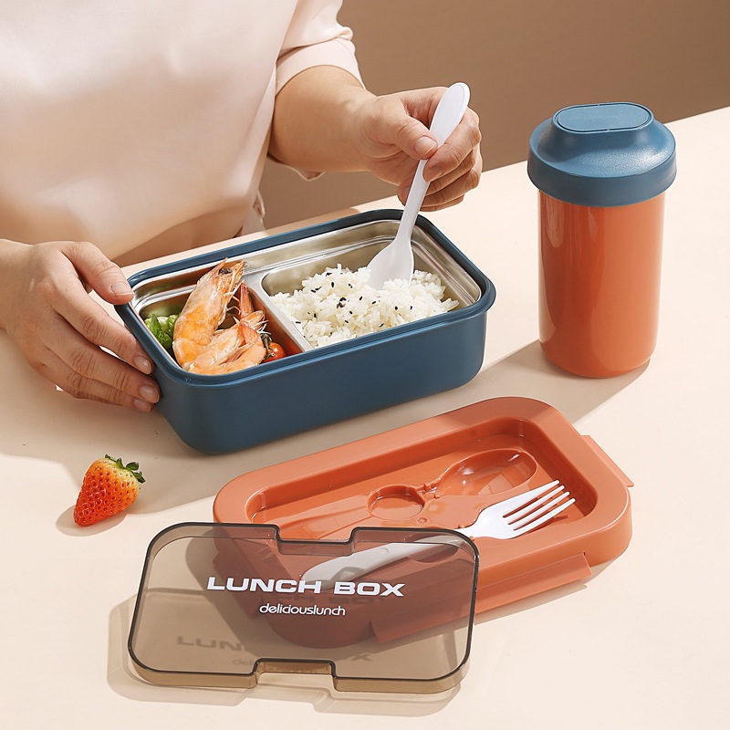 Inswind PP caja de comida ligera de doble capa con cubiertos 304 caja de almuerzo de acero inoxidable conveniente caja de frutas de picnic