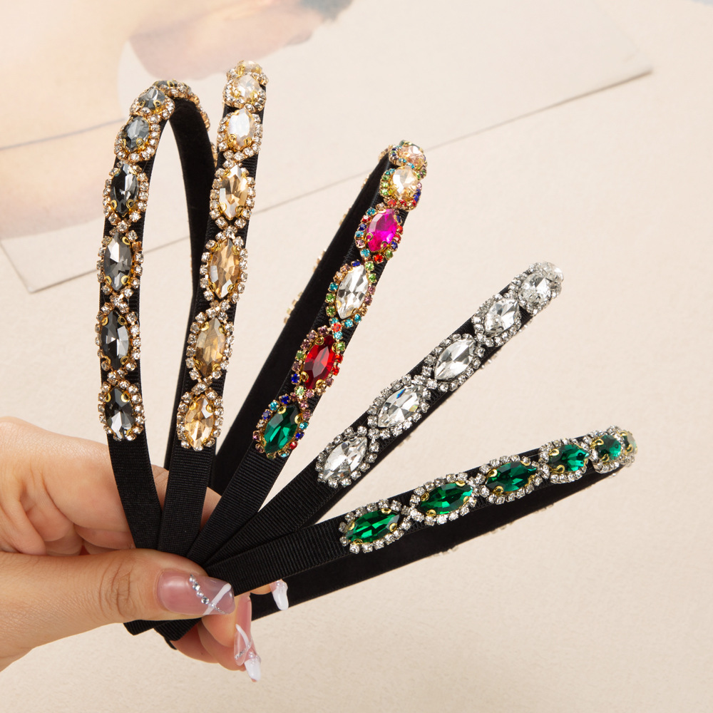 New Korean Fashion High-End Colored Diamond Headband for Women, Baroque Diamond-Encrusted Thin Edge Elegant Headband