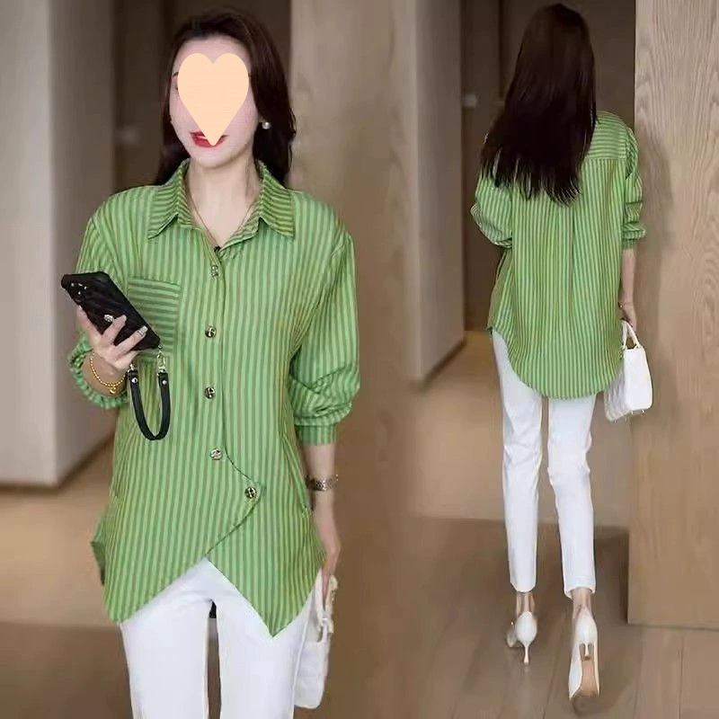 Модная асимметричная рубашка с длинным рукавом в полоску для женщин, весна-осень 2025, новая свободная, стройнящая, средней длины