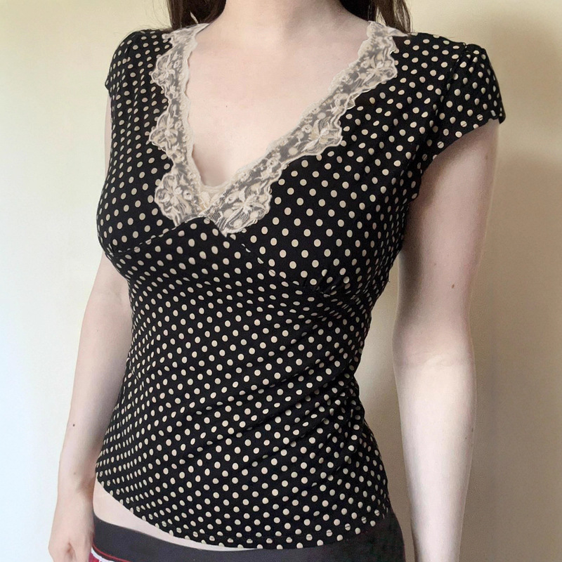C3108Tp European and American Cross-Border French Polka Dot Lace Deep V Neck Sweet and Cute Top Casual Bottoming Top for Women