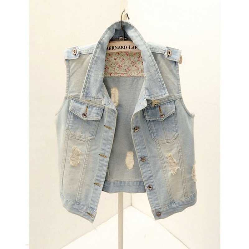 Spring and Autumn Korean Style Slim-fit Hole Short Sleeveless Denim Vest Women's Summer Vest Waistcoat Top