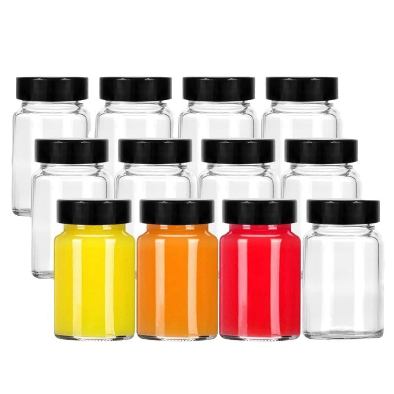 Botella de vidrio transparente de 60ml botella de bebida de 2oz botella de jugo de jengibre boca ancha con tapa botella de jugo de frutas pequeña botella de cápsula de bebida de vidrio