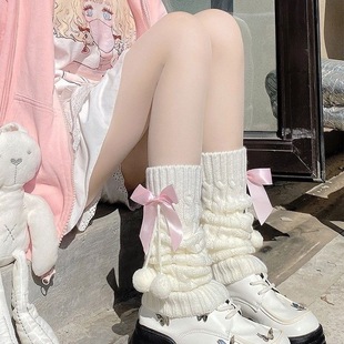 White Pom-Pom Socks for Women, Japanese Style Autumn and Winter Jk Leg Warmers, Thickened and Warm Lolita Pink Bow Slouch Socks