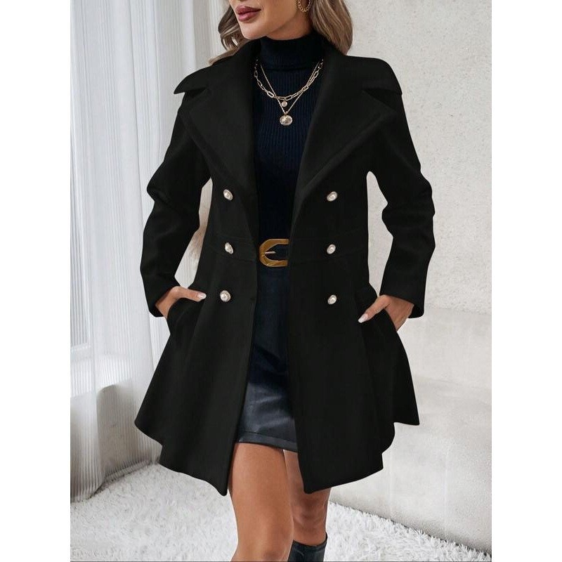 Foreign Trade Export Cross-Border Women's Woolen Coat Autumn and Winter Amazon Double-Breasted Pea Coat European and American New Style