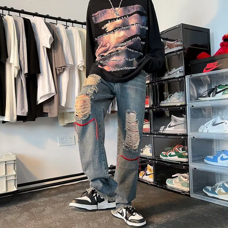 Loose jeans Street retro distressed ripped men and women Hip Hop High Street straight pants couple casual wide leg trousers