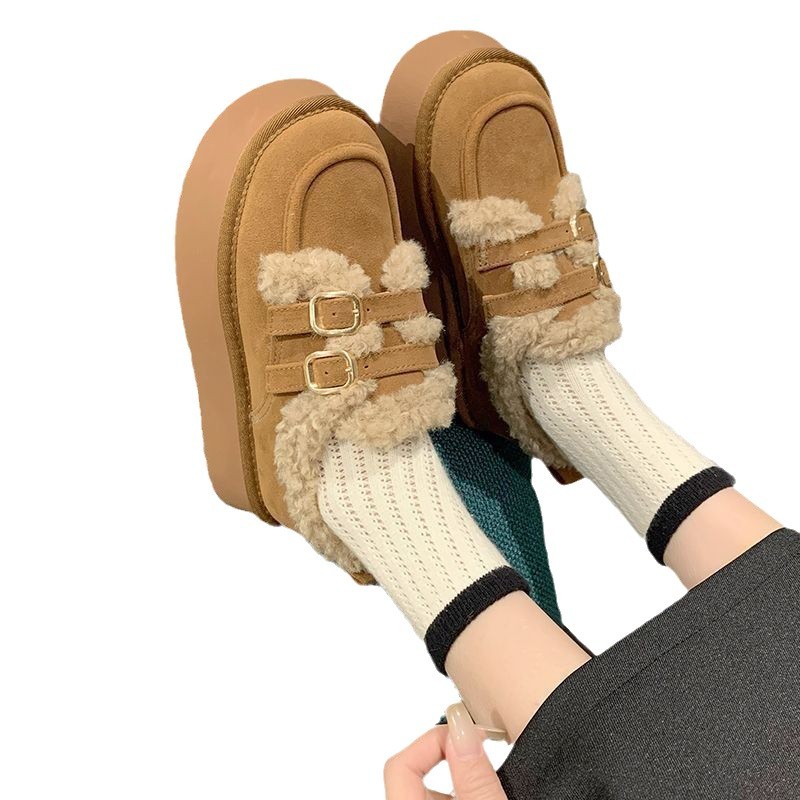 Zapatos de algodón de invierno para mujeres 2024 nueva moda perezosa con un pedazo de algodón de nieve retro botones de lana