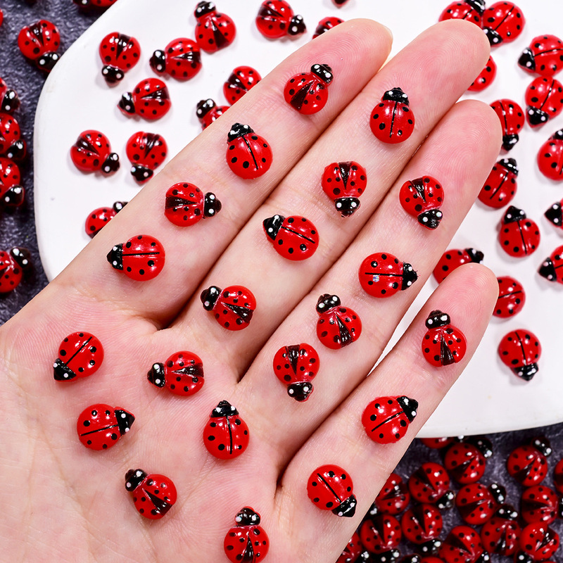 Cross-Border 50 Red Seven-Star Ladybug Nail Art Accessories Stereo Beetle Insect DIY Flats Bottom Diamond Nail Materials