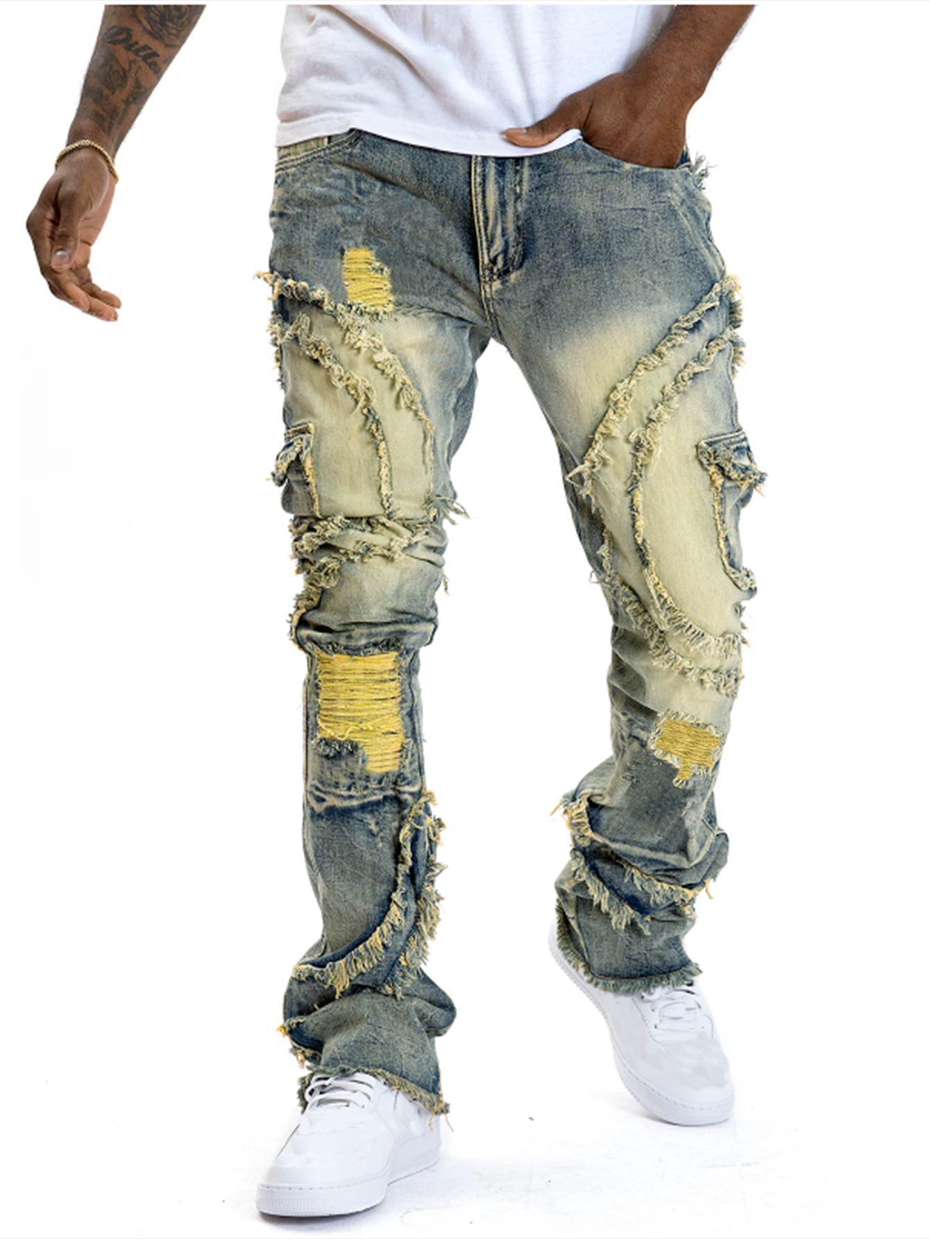 Nuevos jeans transfronterizos europeos y estadounidenses para hombres, tendencia de empalme, elástico, jeans elásticos