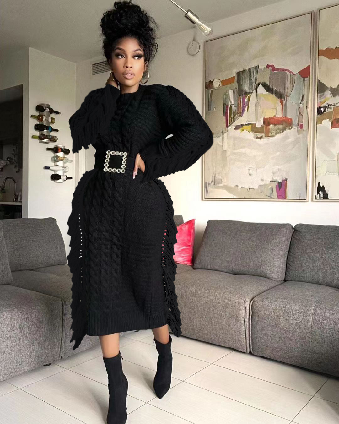 Robe pull femme avec franges longues en maille pour l'hiver_voghion.com