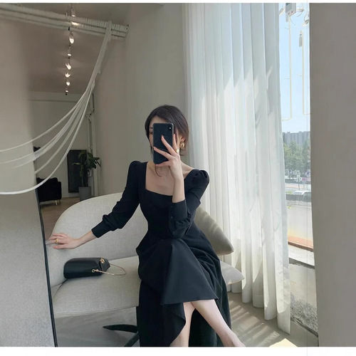 Women's Black Long Sleeve Square Neck Dress, High-Quality Plus Size Long Dress, Autumn Thin Version, Slimming Waist, Pictures and Colors Available