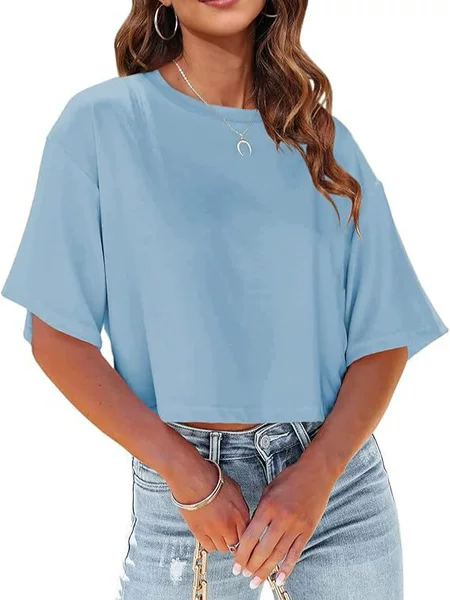 European and American Cross-Border Women's Loose Short T-Shirt with Round Neck and Exposed Navel, Casual Summer Solid Color Basic T-Shirt with Short Sleeves