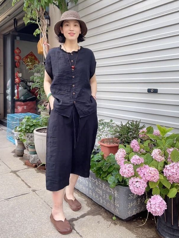 今年夏季新款百搭欧货港风气质棉麻套装无袖上衣七分裤两件装女装|undefined