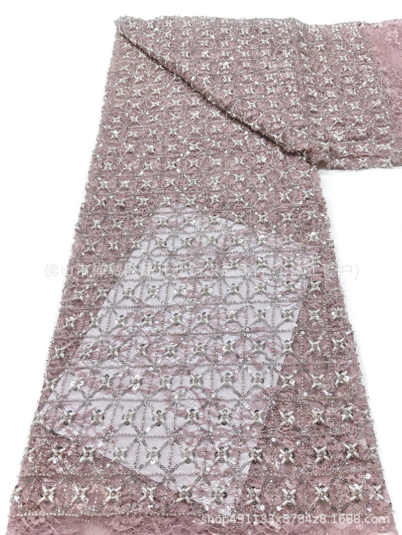 Blanco pesado clavos de cuentas sequinilla tela de encaje cuadrilátero cosido a mano perla sequinilla vestido tela