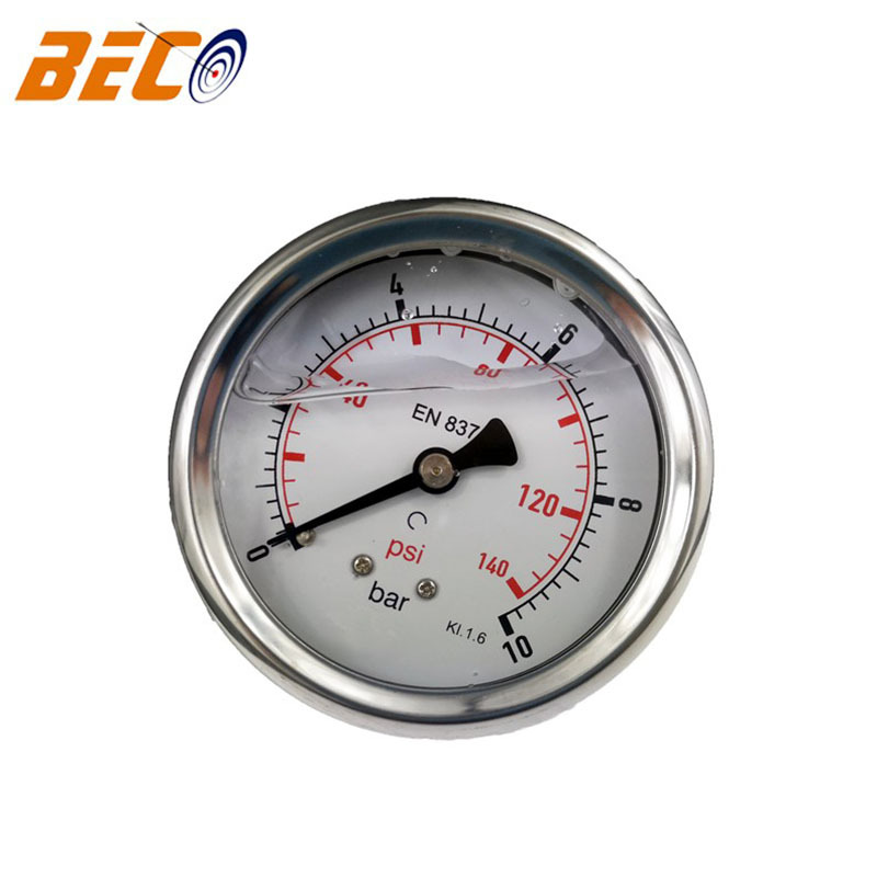 工厂直销60mm轴向充油压力表 双刻度10bar不锈钢压力表耐震压力表