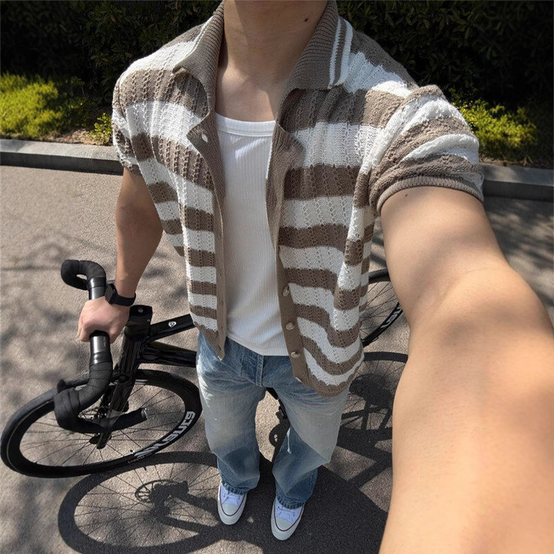 Old Qian Style Knitted Hollow Striped Short-sleeved Shirt Men's Summer Lazy Style Island Slack Wear Cardigan Jacket