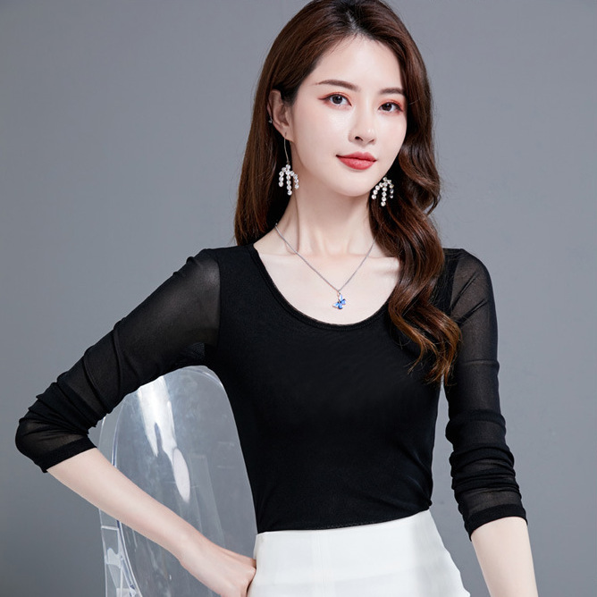 Four-Season Elegant Women's Mesh Bottoming Women's Long-Sleeved T-Shirt with Glitter Silk Top Can Be Shipped in One Piece