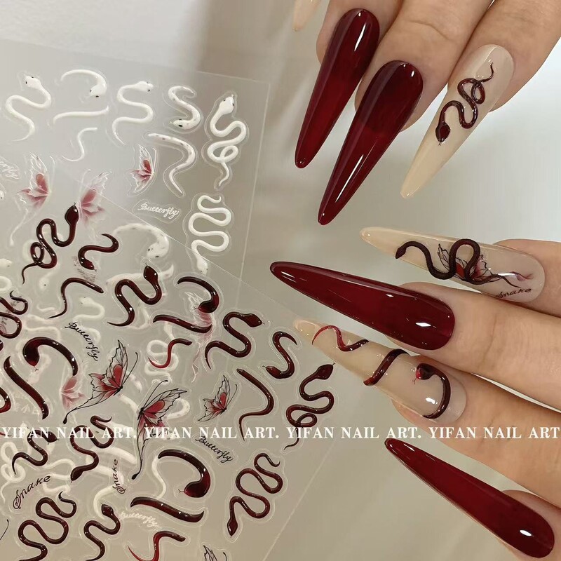 Three-dimensional embossed small snake sticker butterfly manicure jewelry black and white red New Year of the snake Halloween nail decal