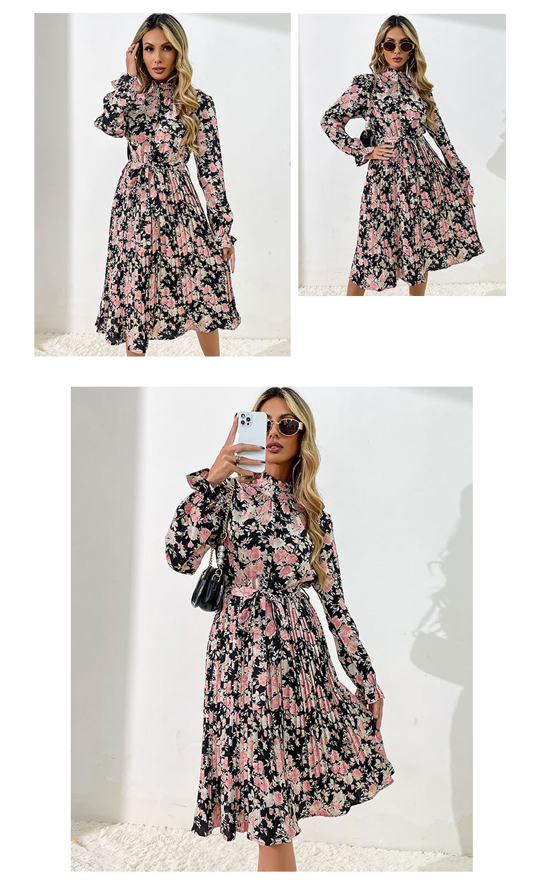 autumn high collar trumpet sleeve pleated floral dress nihaostyles wholesale clothing NSDMB88628