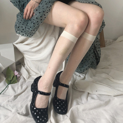 Summer thin mid-calf socks jk socks small polka dot internet celebrity same style girl dot white black stockings calf socks ins