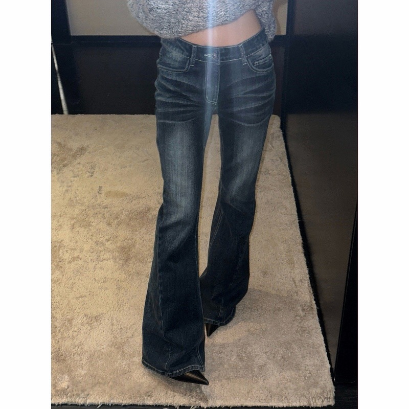 Sunoneone Giselle Style Faded Whiskered Flared Jeans for Women, Autumn and Winter Slim Fit Casual Pants