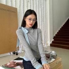 蝴蝶结系带撞色长袖T恤女秋季修身显瘦打底衫气质短款假两件上衣