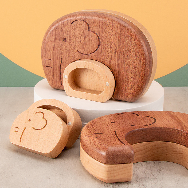 Casa de caja de dientes de leche de elefante de alta calidad, caja de madera creativa para bebés y niños pequeños, dientes de leche de cabello fetal, caja de madera conmemorativa