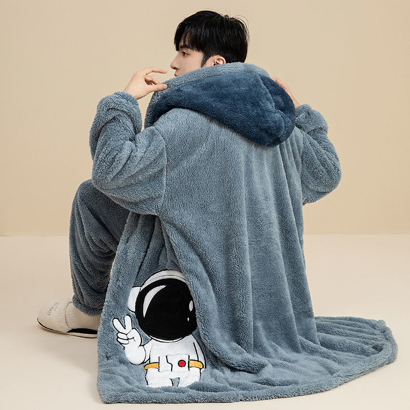 Autumn and Winter Men's Nightgown Fleece-Lined Thickeneded Coral Velvet Winter Bathrobe Can Be Worn Outside Flannel Pajamas Men's Home Clothes