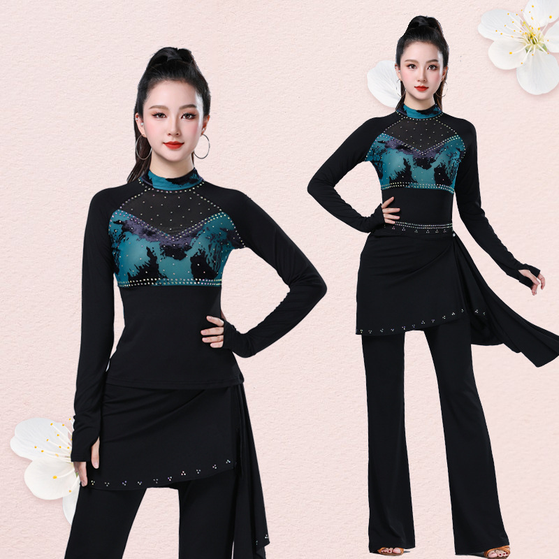 水兵舞服新款立领镶钻拼色长袖上衣女跳舞衣舞蹈服演出服表演T恤