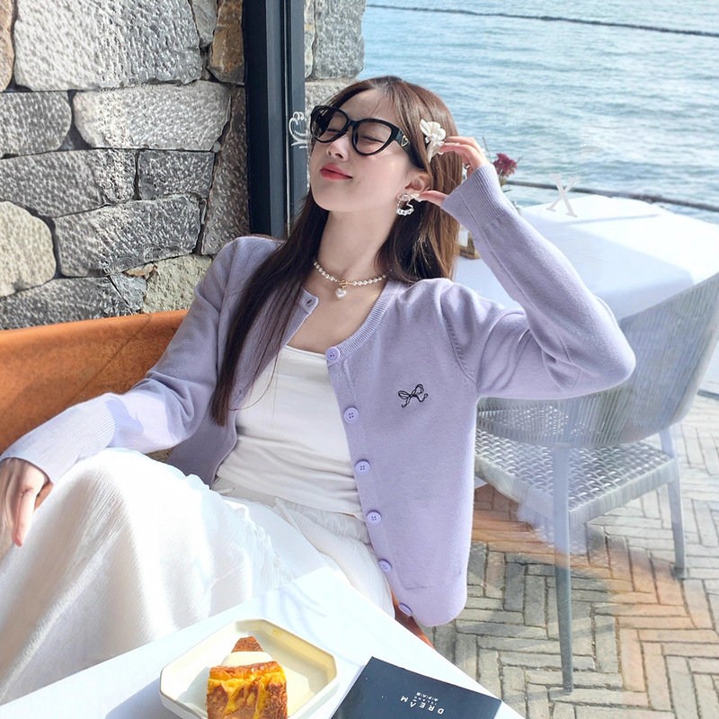 New Knitted Cardigan Women's Bow Embroidered Long-Sleeved Short Jacket Casual Spring and Summer Wear Thin Versatile Top