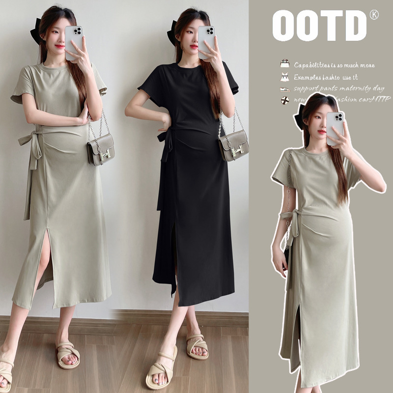 Maternity Wear Summer Fashion Simple Elegant Short-Sleeved Dress Summer Korean Style Pregnancy Skirt Slit Maternity Skirt Summer